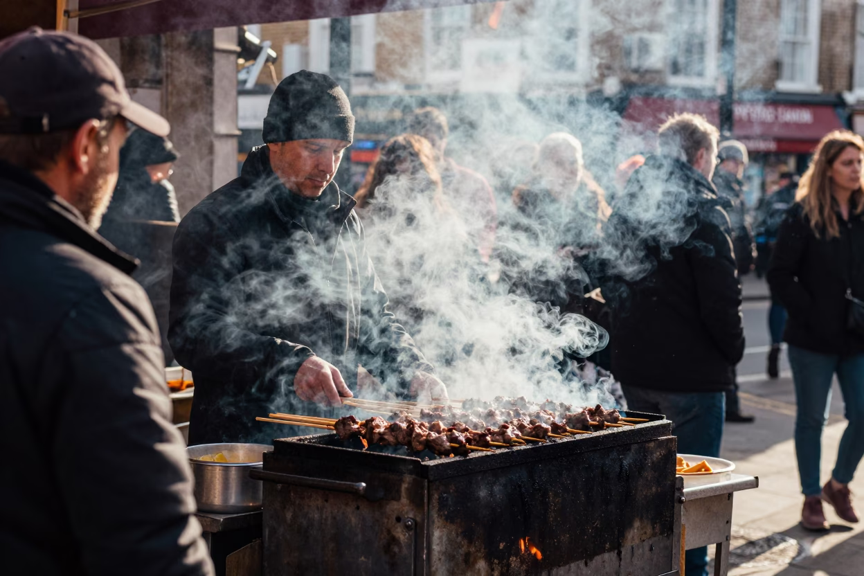 London street corner early afternoon vibrant kebab grill smoke and local pedestrians in in London, United Kingdom