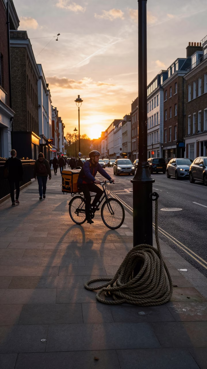London Street Corner Evening Commute with Coiled Rope and Plate in in London, United Kingdom