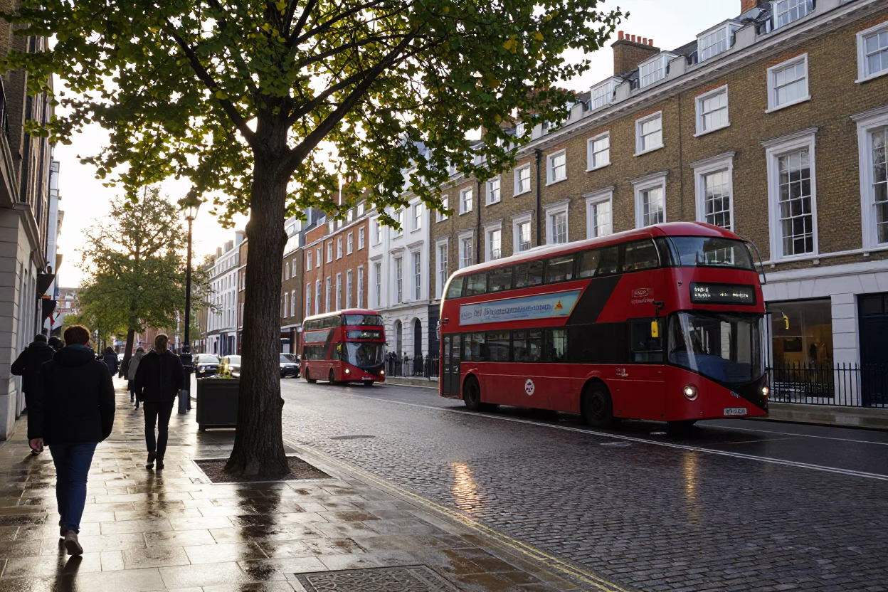 London Street Corner Morning Commute with Ginkgo Tree and Classic Red Bus in in London, United Kingdom