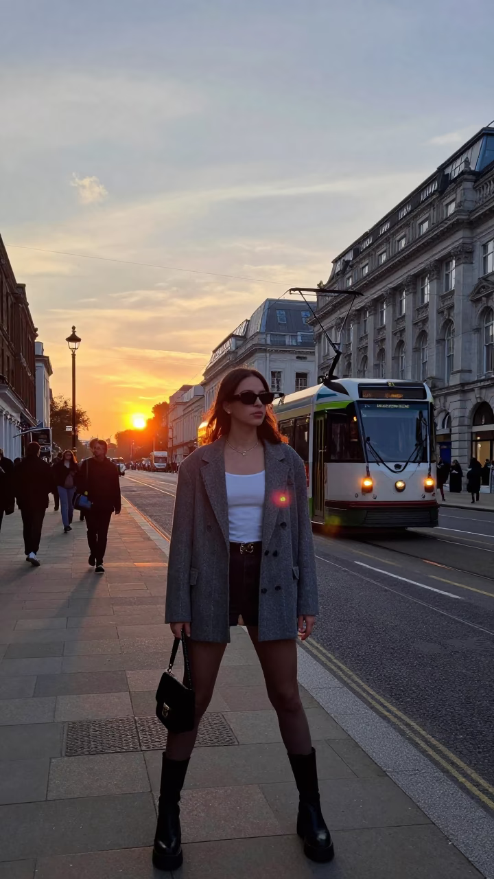 London street fashion at sunset with heritage tram and vibrant 1980s style in in London, United Kingdom