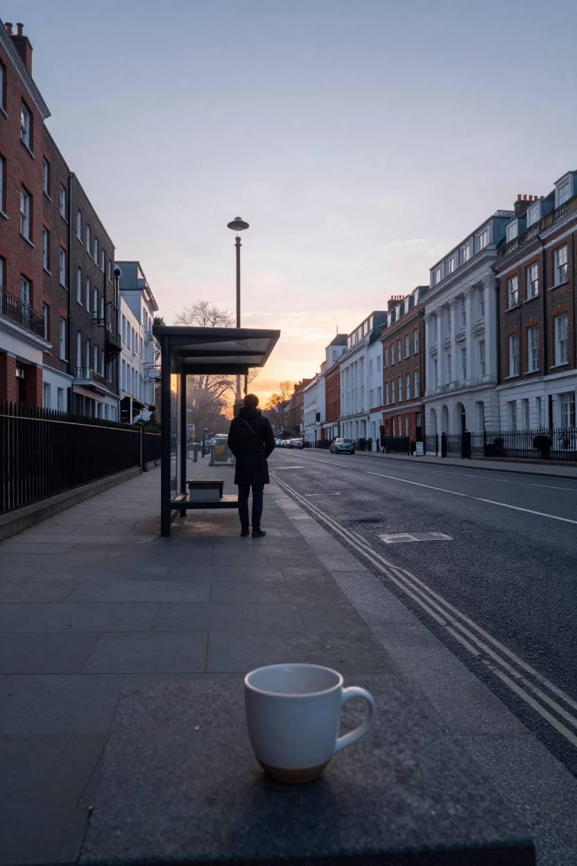 London street scene at dawn with ceramic cup and brushed steel handle in in London, United Kingdom
