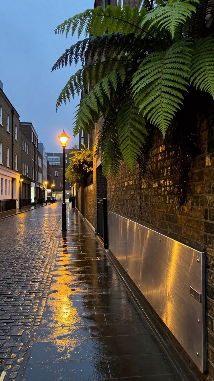 London Street Scene at Dusk with Brushed Steel Rail and Fern Fronds in in London, United Kingdom