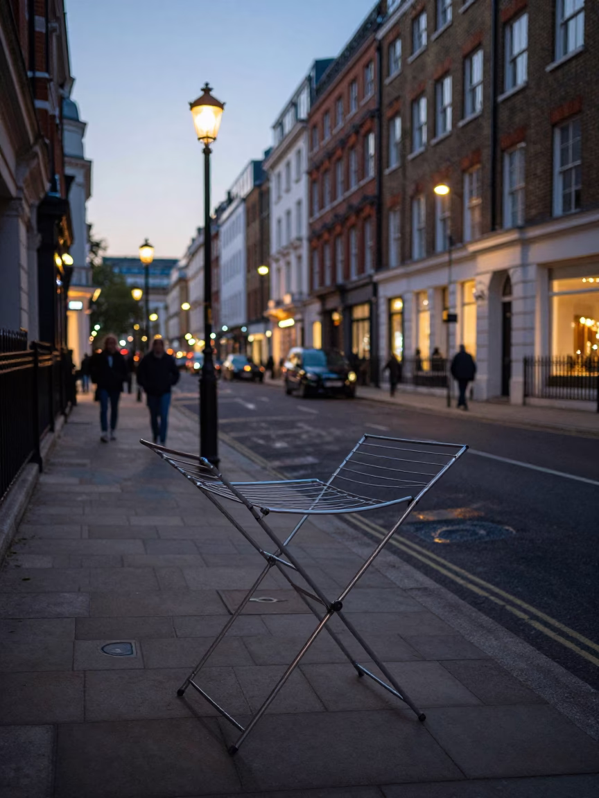 London Street Scene at Dusk with Drying Rack and Berger Picard Dog in in London, United Kingdom