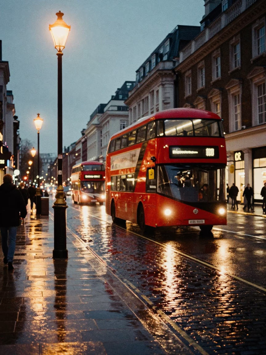 London street scene at dusk with red bus and glowing shop windows in in London, United Kingdom