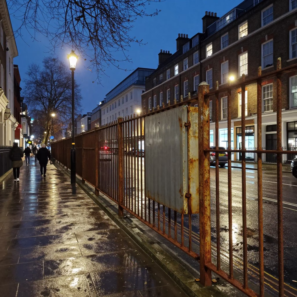 London Street Scene at Dusk with Substation Fence and Rainy Atmosphere in in London, United Kingdom