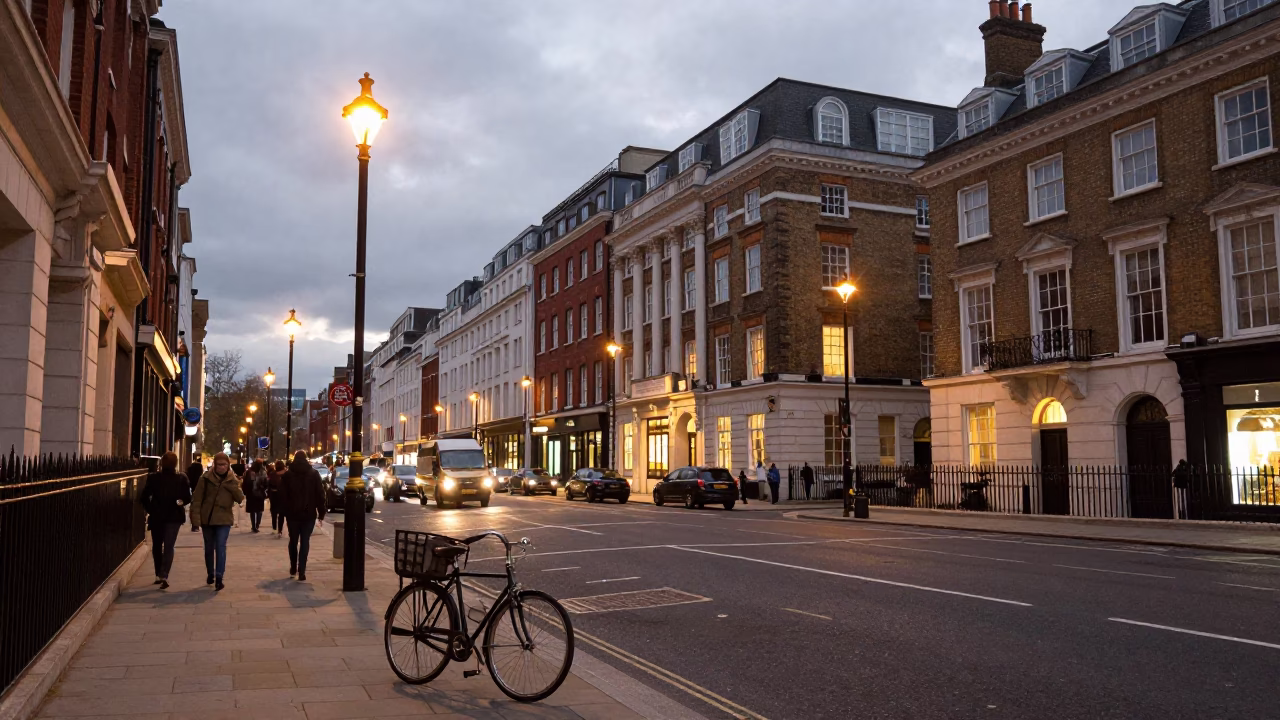London Street Scene at Dusk with Vintage Bicycle and Red Post Box in in London, United Kingdom