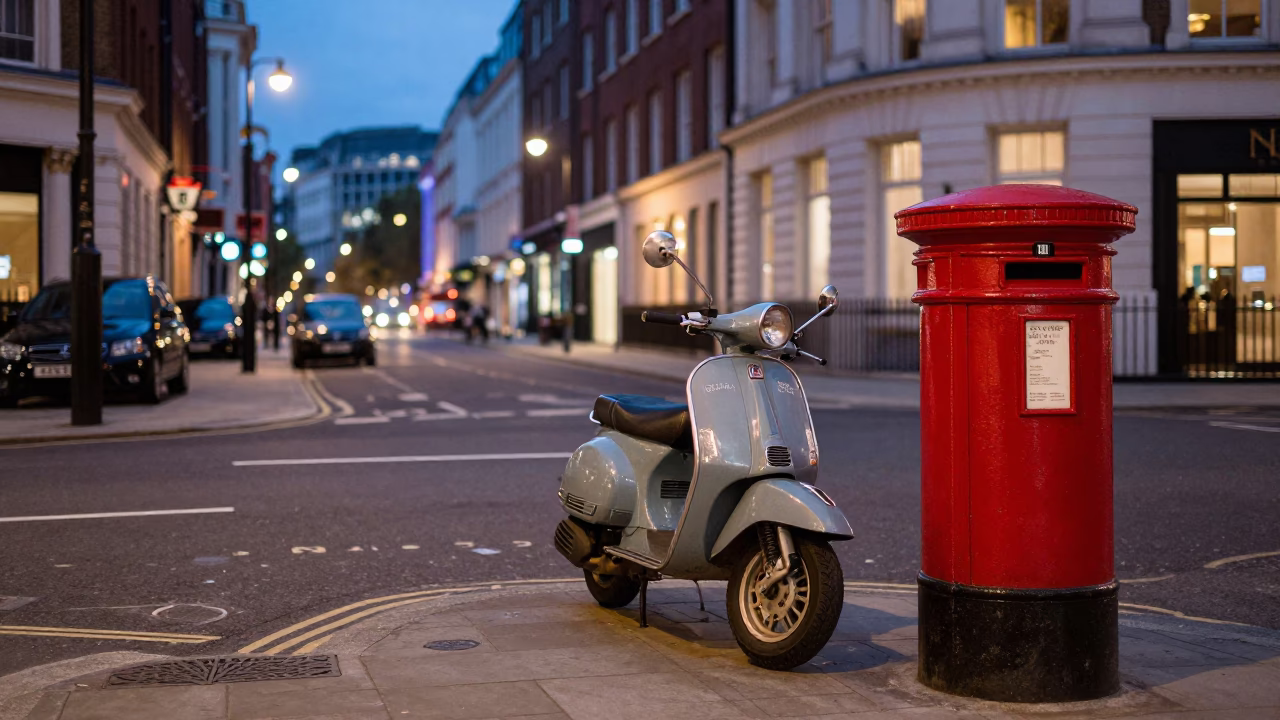 London Street Scene at Dusk with Vintage Scooter and Red Double-Decker Bus in in London, United Kingdom