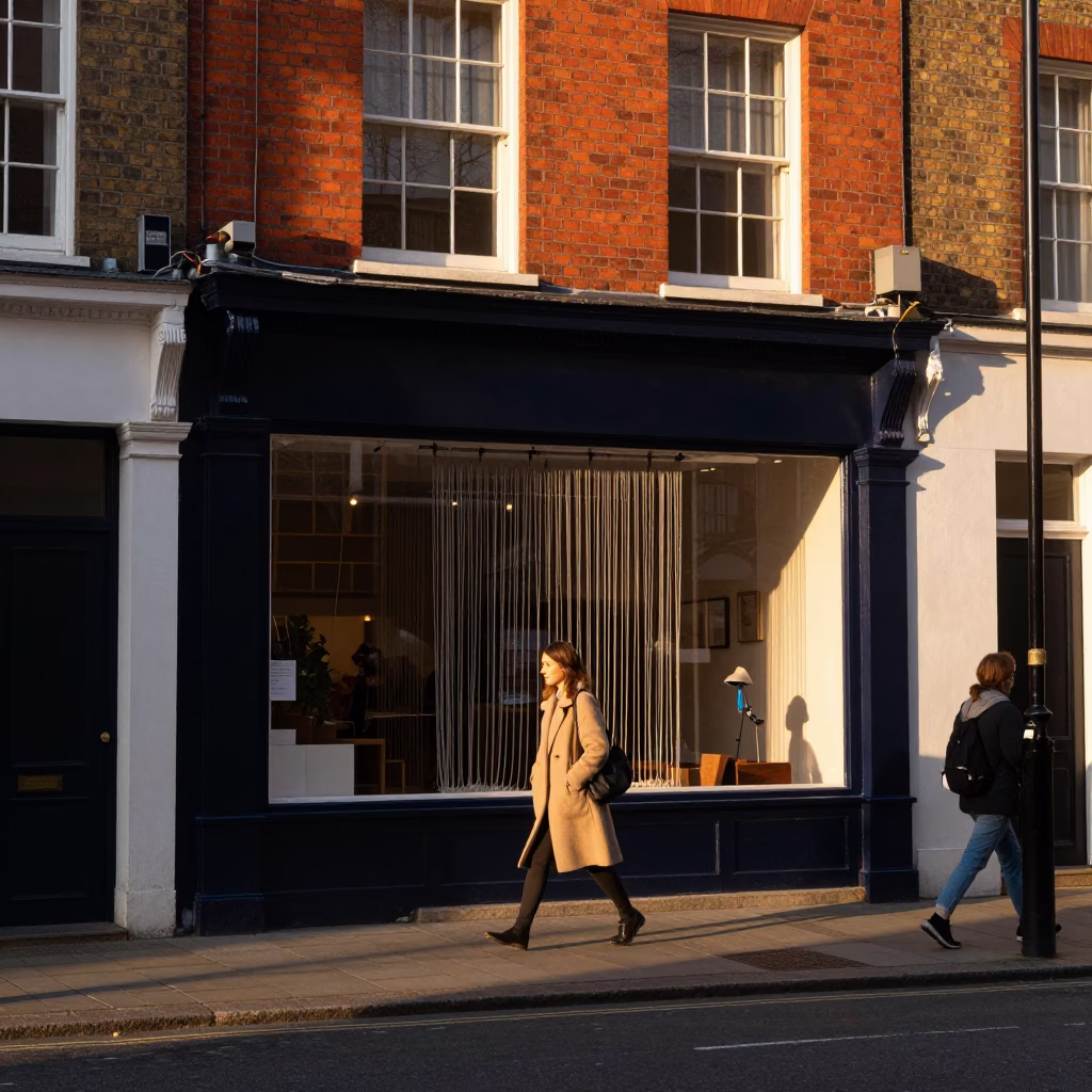 London Street Scene at Golden Hour with Brick Facade and Pedestrians in in London, United Kingdom