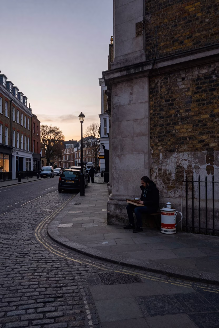 London Street Scene at Nautical Dawn with Vintage Tea Stains and Mossy Stone Walls in in London, United Kingdom