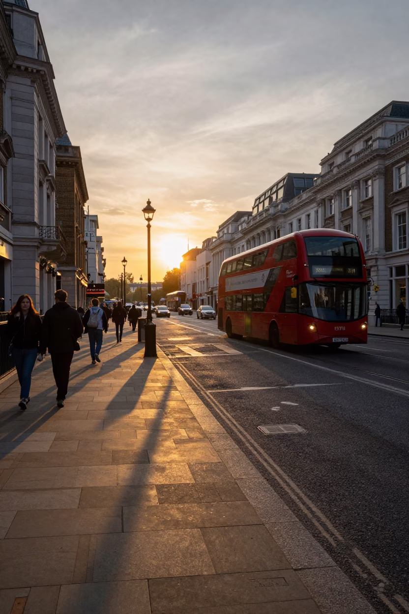 London Street Scene at Sunset with Metro Train and Vintage Details in in London, United Kingdom