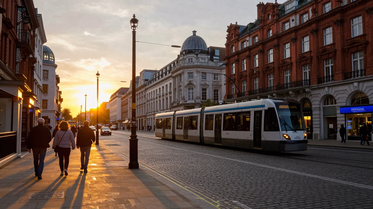 London Street Scene at Sunset with Tram and Art Nouveau Facades in in London, United Kingdom