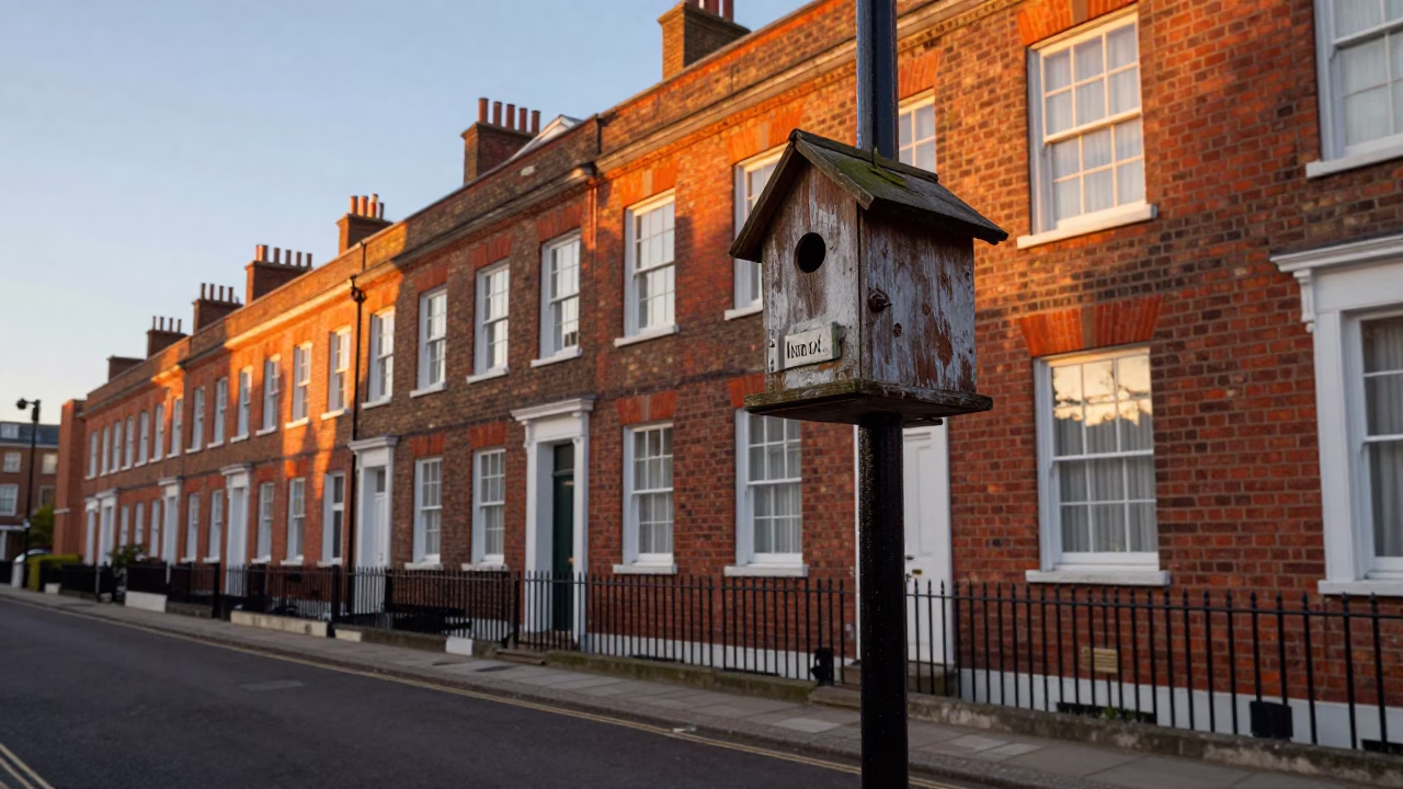 London Street Scene at Sunset with Vintage Birdhouse and Wooden Bowl in in London, United Kingdom