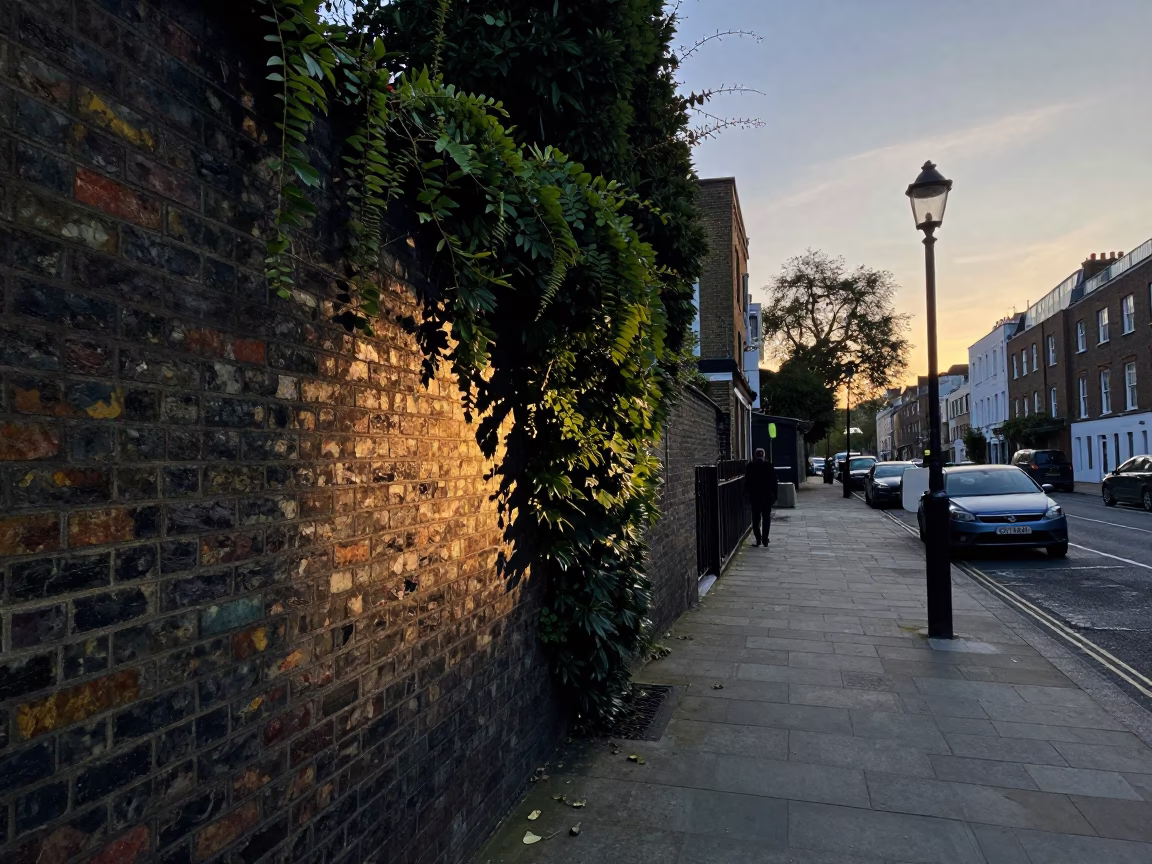 London Street Scene Before Dawn With Ivy Brick Wall And Brass Details in in London, United Kingdom