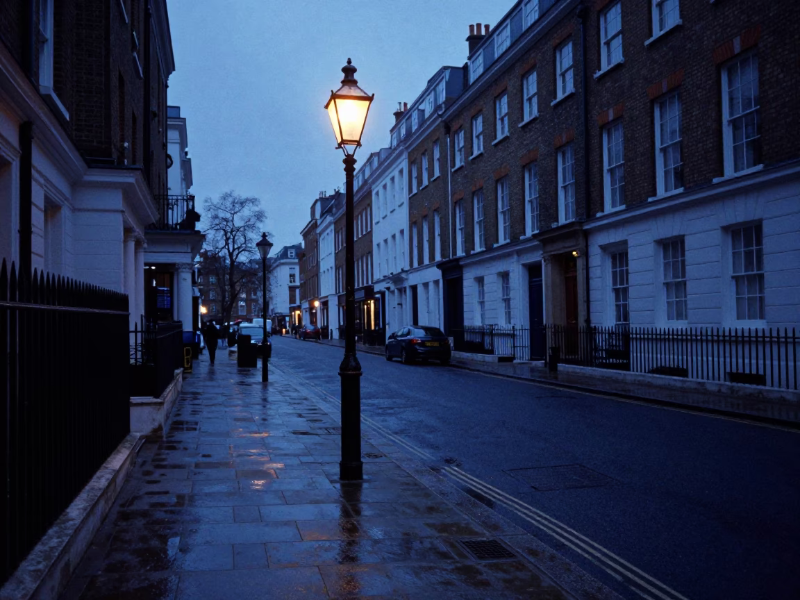 London Street Scene Before Dawn With Lantern And Rolling Carts in in London, United Kingdom