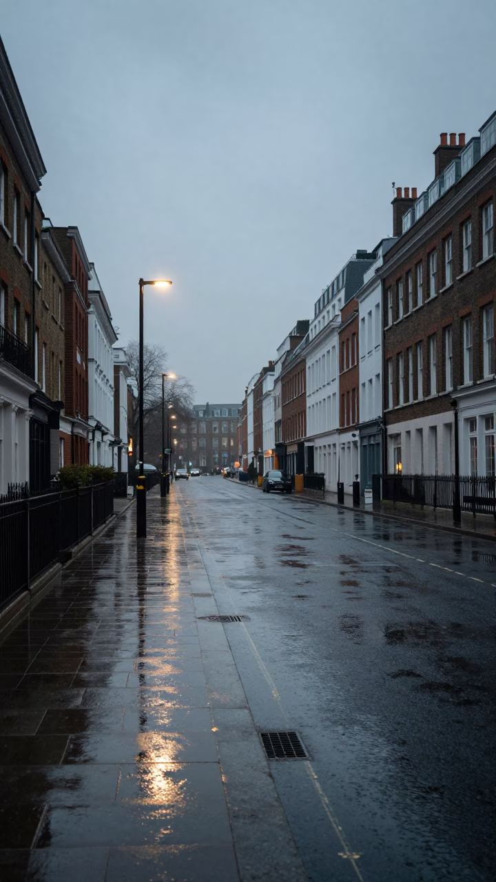 London street scene before dawn with rain slicked pavement and urban details in in London, United Kingdom