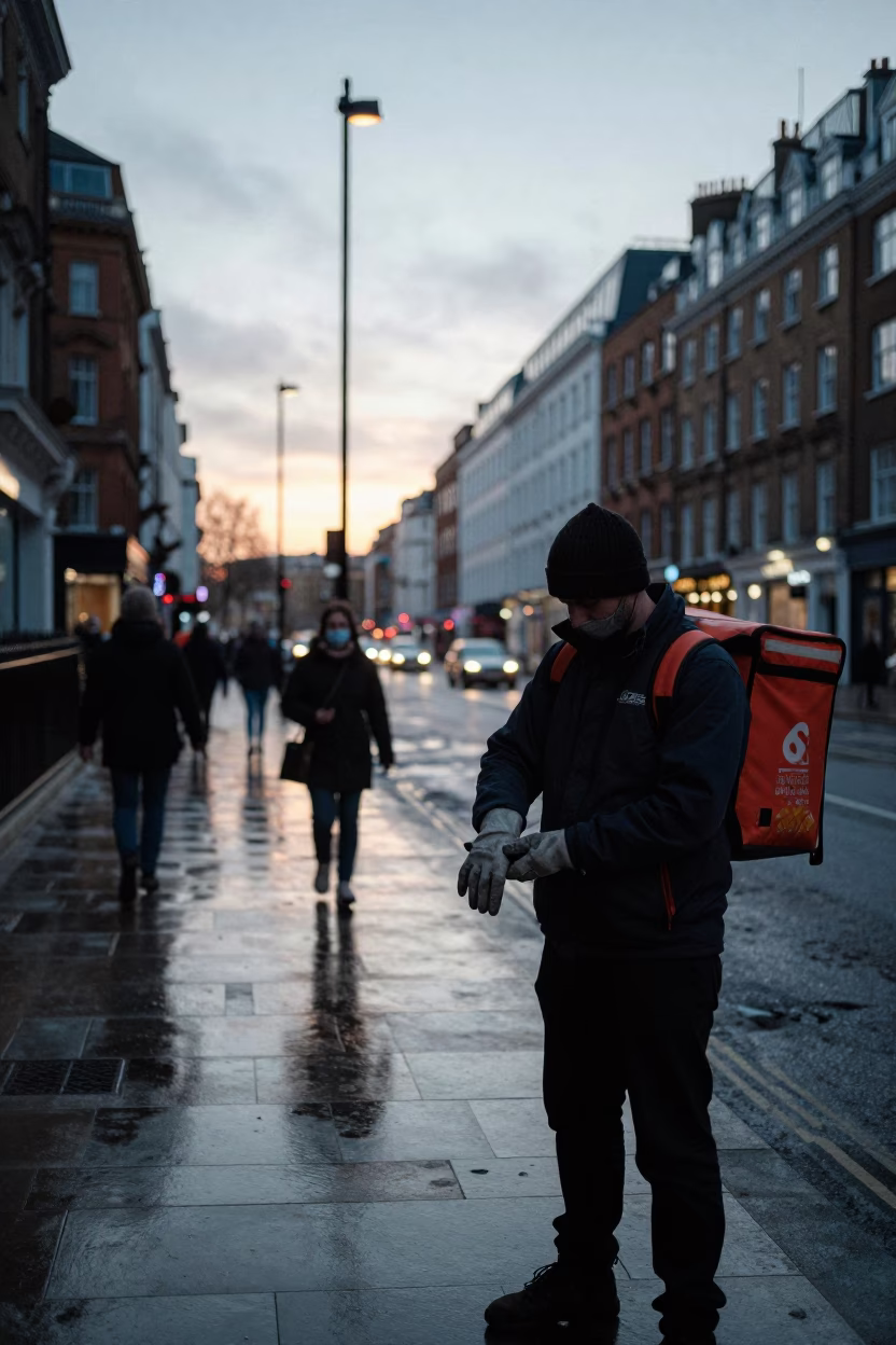 London Street Scene Before Dawn with Reflections and Urban Details in in London, United Kingdom
