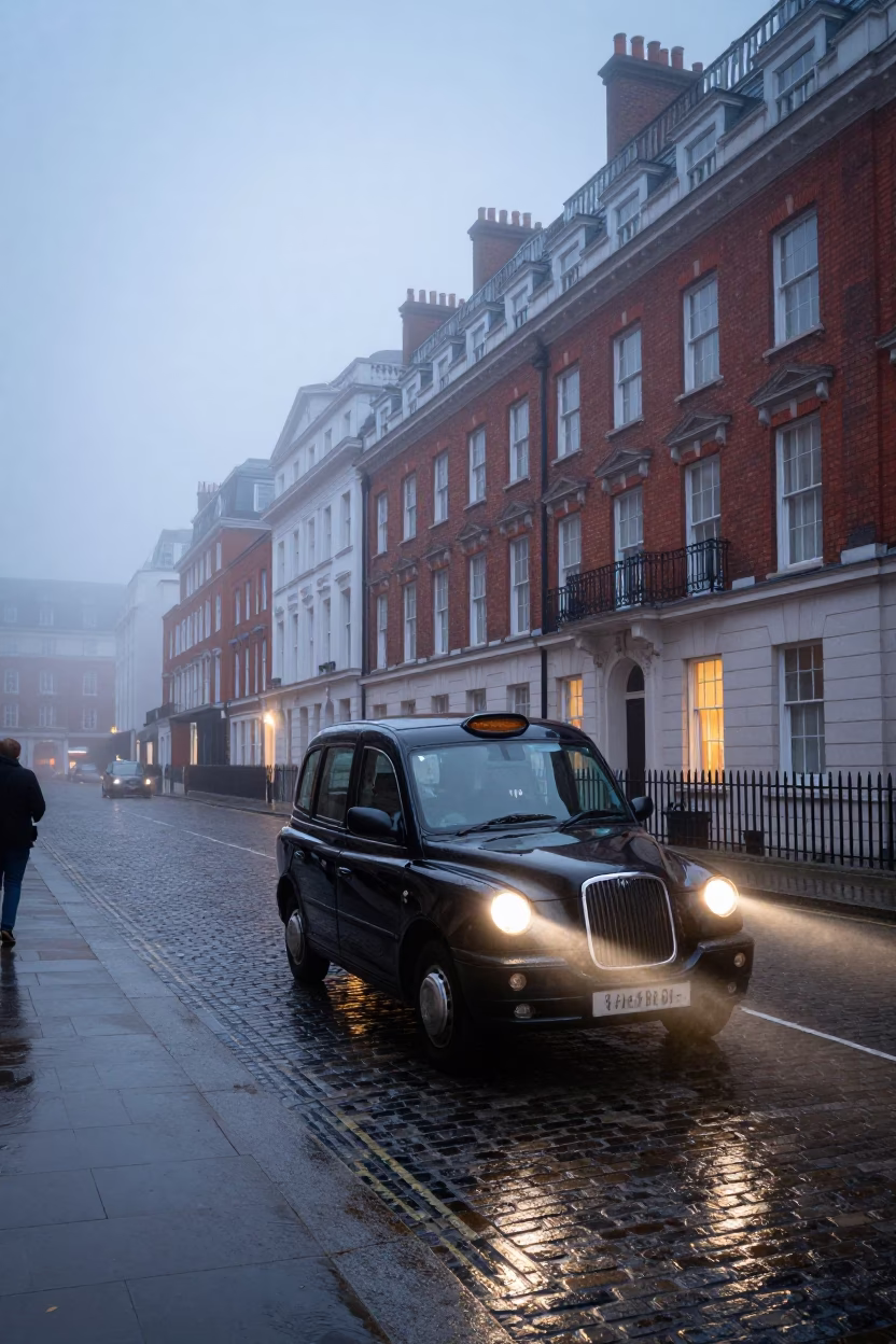 London Street Scene Before Dawn with Vintage Car and Urban Details in in London, United Kingdom