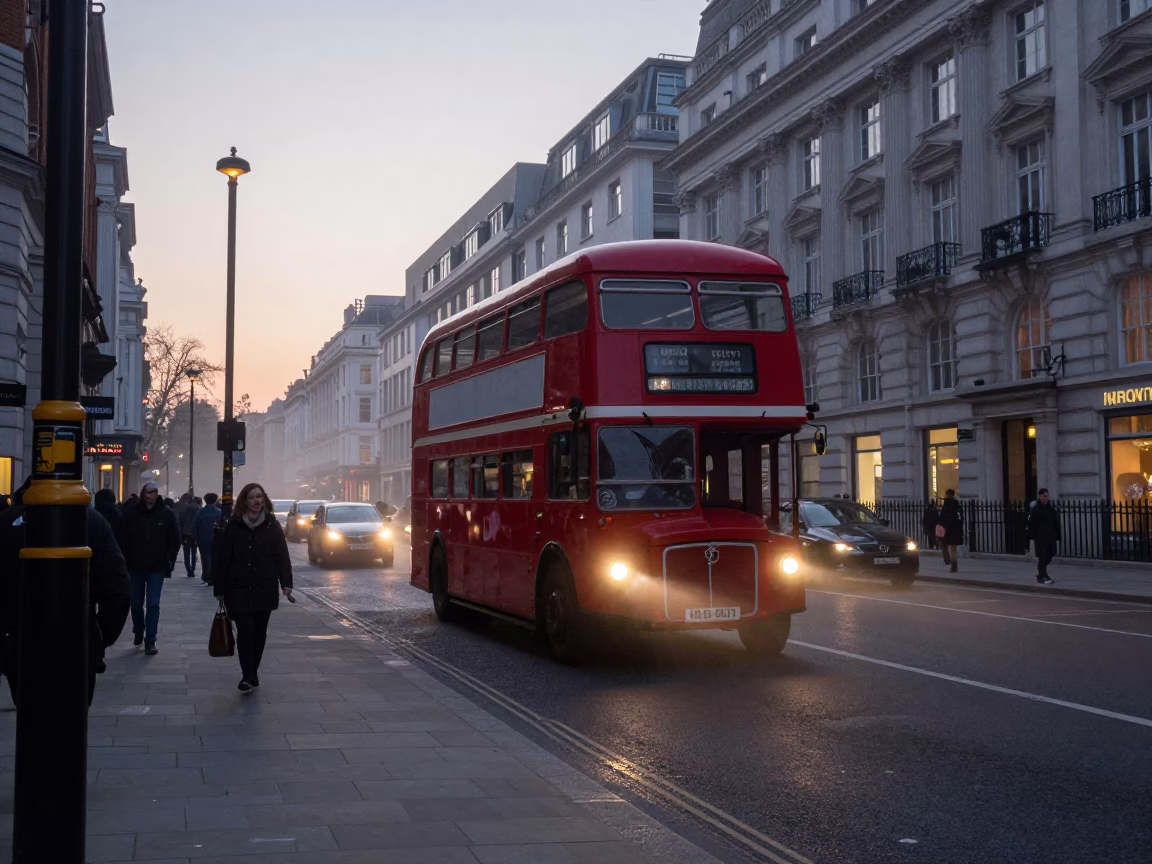 London Street Scene Before Dawn With Vintage Cars And Neon Reflections in in London, United Kingdom