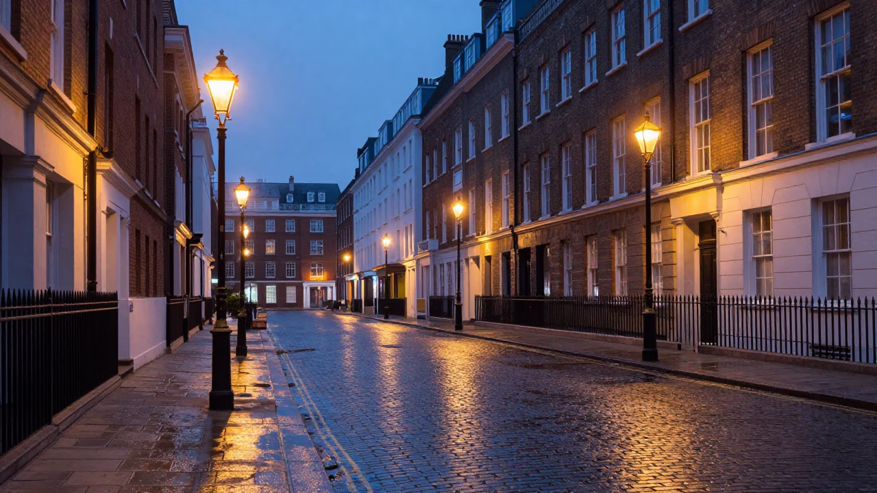 London Street Scene Before Dawn with Vintage Street Lamps and Wet Pavement Reflections in in London, United Kingdom