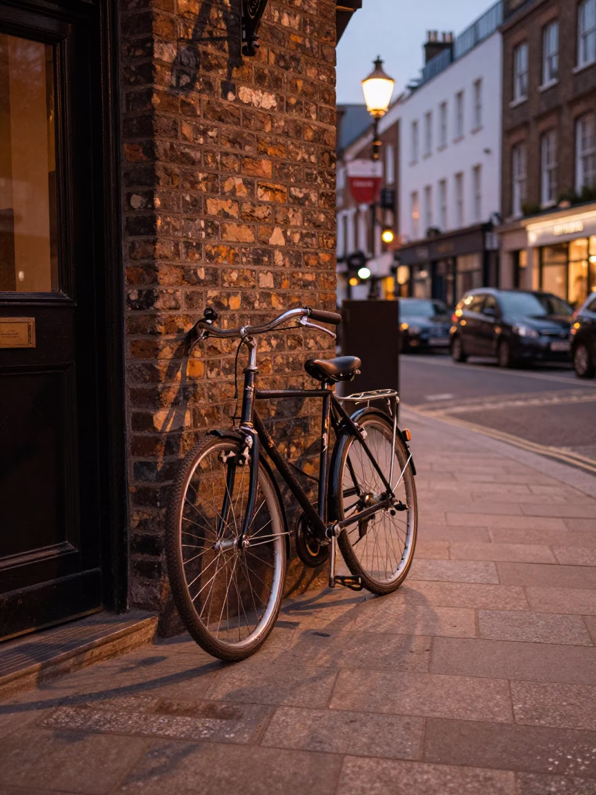 London Street Scene Before Dusk with Bicycle and Urban Architecture in in London, United Kingdom