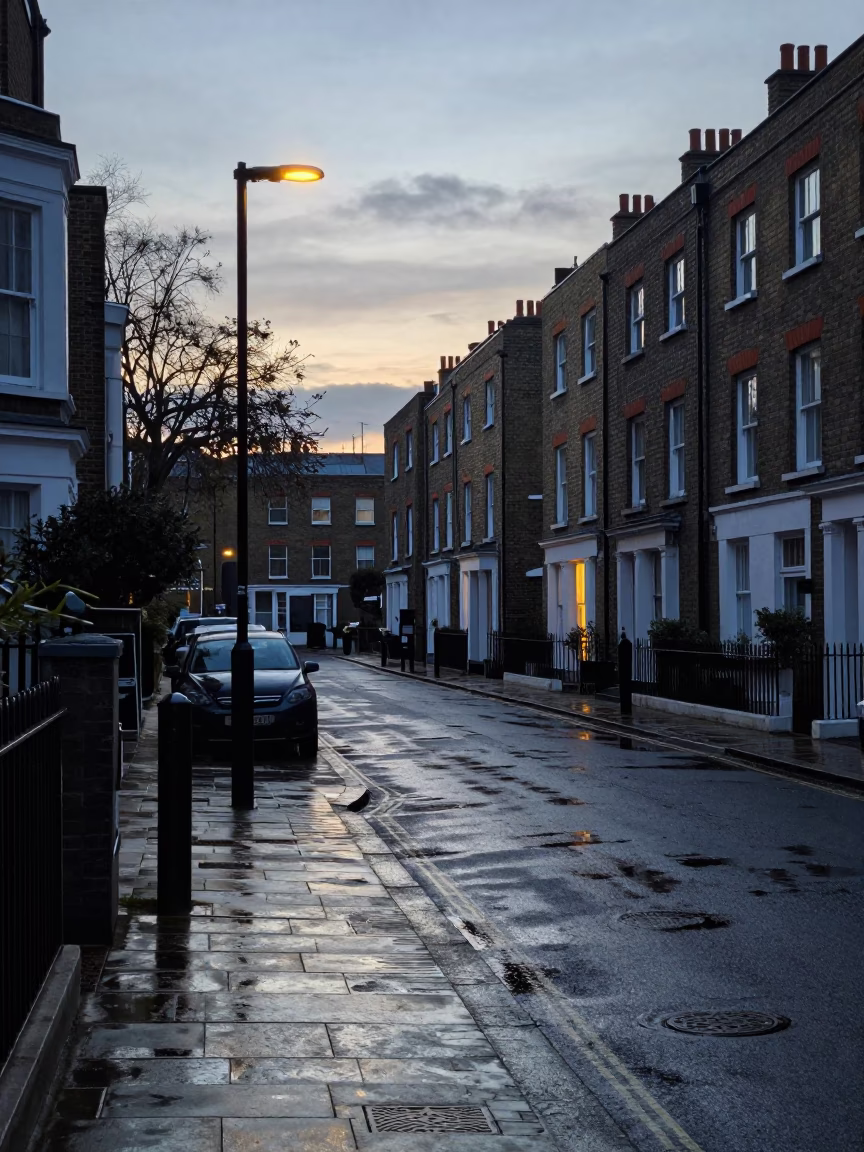 London Street Scene Before Sunrise with Brickwork and Wet Pavement Reflections in in London, United Kingdom