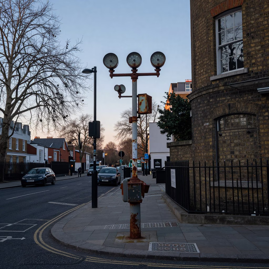 London Street Scene Before Sunrise with Crumbling Weather Station and Urban Details in in London, United Kingdom