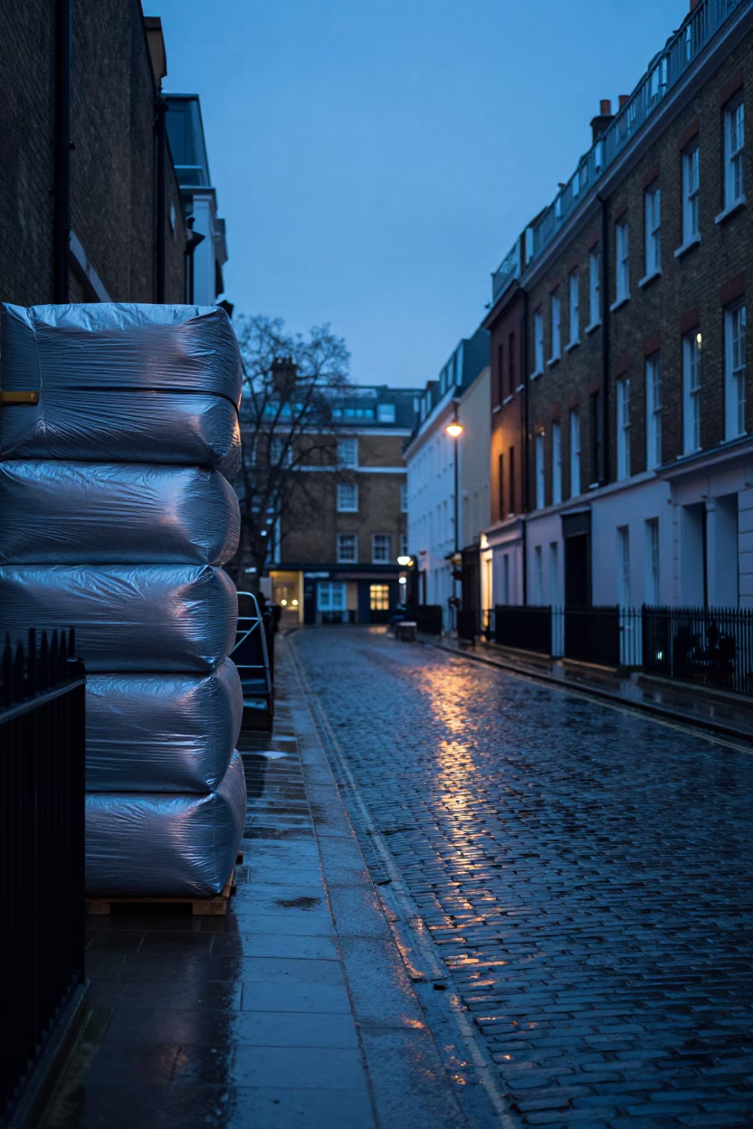 London Street Scene Before Sunrise with Insulation Stack and Potted Geraniums in in London, United Kingdom