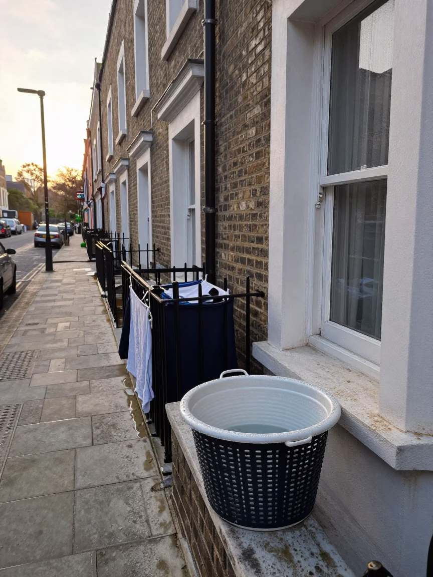London Street Scene Just After Sunrise with Condensation and Laundry Basket in in London, United Kingdom