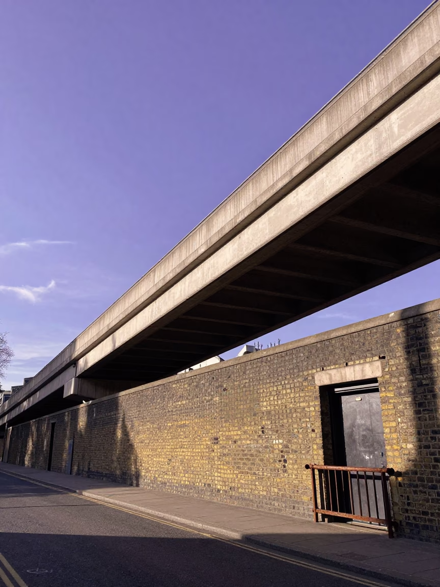 London Street Scene Midday Overpass Ramp Violet Sky Peg Rail and Urban Details in in London, United Kingdom