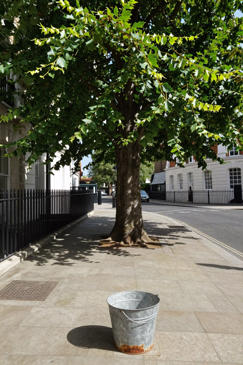 London Street Scene Midday with Copper Beech Tree and Rusty Bucket in in London, United Kingdom