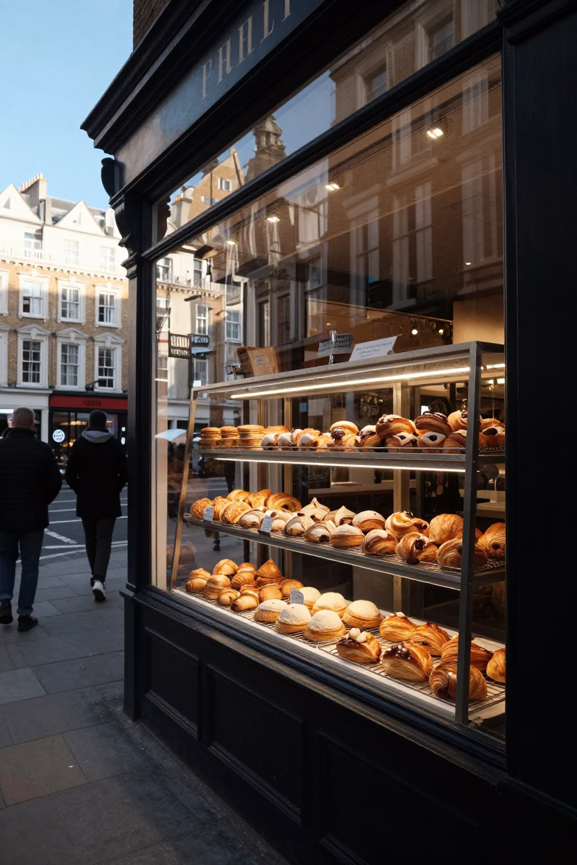 London Street Scene with Bakery Pastries and Classic Architecture in Late Afternoon Light in in London, United Kingdom