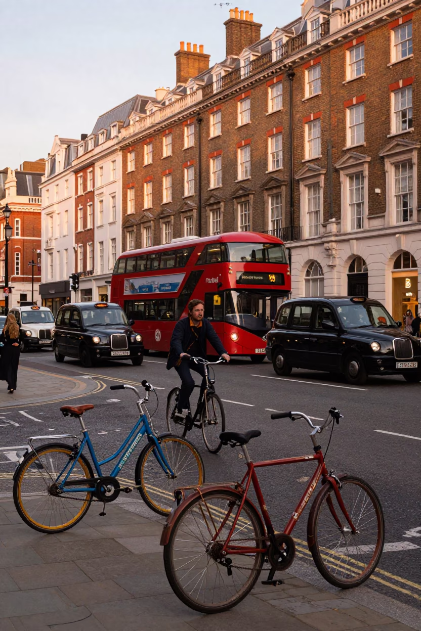 London Street Scene with Colorful Bikes and Copper Toned Light Before Dusk in in London, United Kingdom
