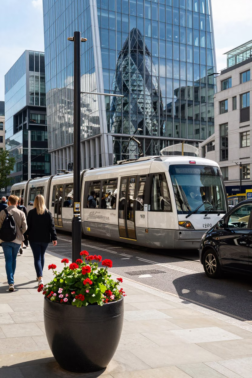 London Street Scene with Monorail Reflection and Potted Geraniums in in London, United Kingdom