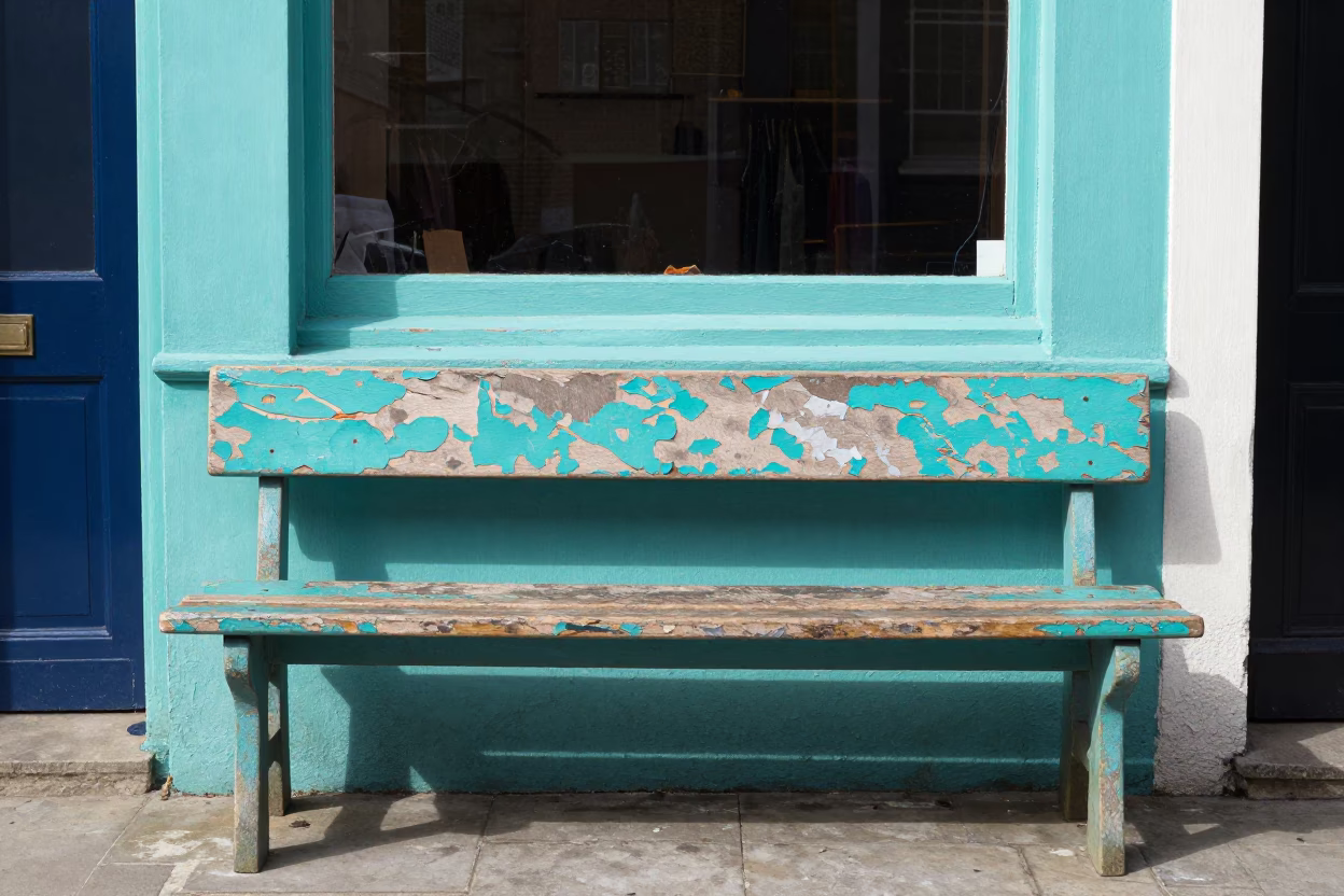 London Street Scene with Peeling Turquoise Paint and Sewing Scissors on Wooden Surface in in London, United Kingdom