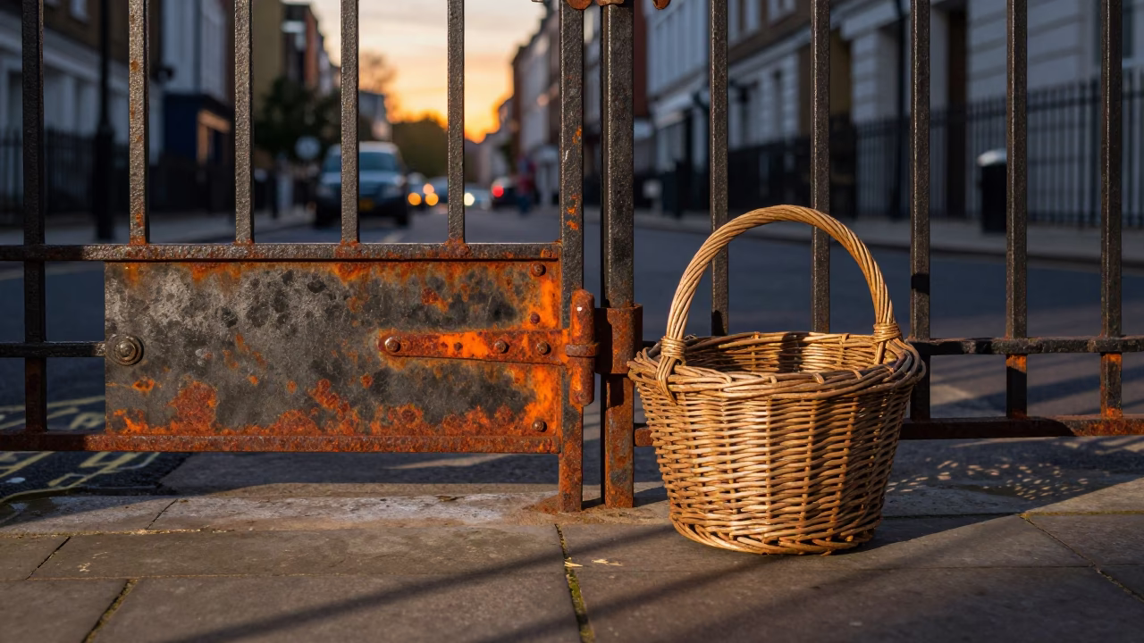 London street scene with rusted metal gate and wicker basket shadows at sunset in in London, United Kingdom