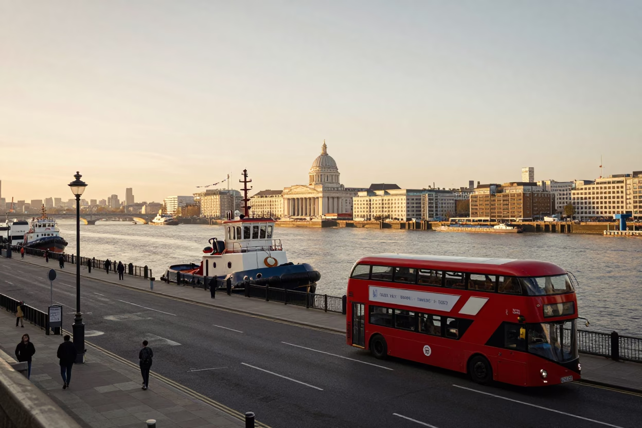London Street Scene with Tugboat in Busy Harbor During Honeyed Evening Light in in London, United Kingdom