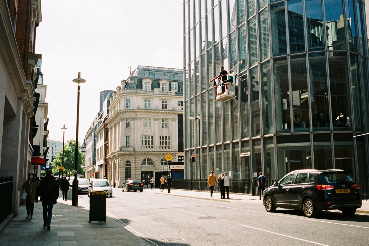 London Street Scene with Window Washer on Skyscraper Platform in Bright Midmorning Light in in London, United Kingdom