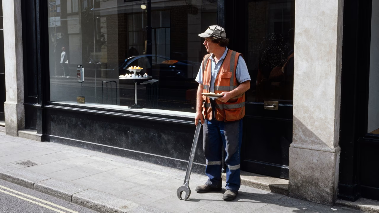 London Street Scene with Wrench and Pie Server at Midday in in London, United Kingdom