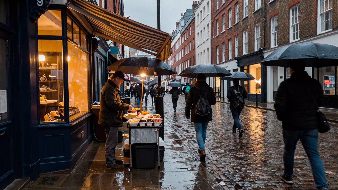 London Street Vendor Amidst Light Rain at Dusk with Umbrellas in in London, United Kingdom