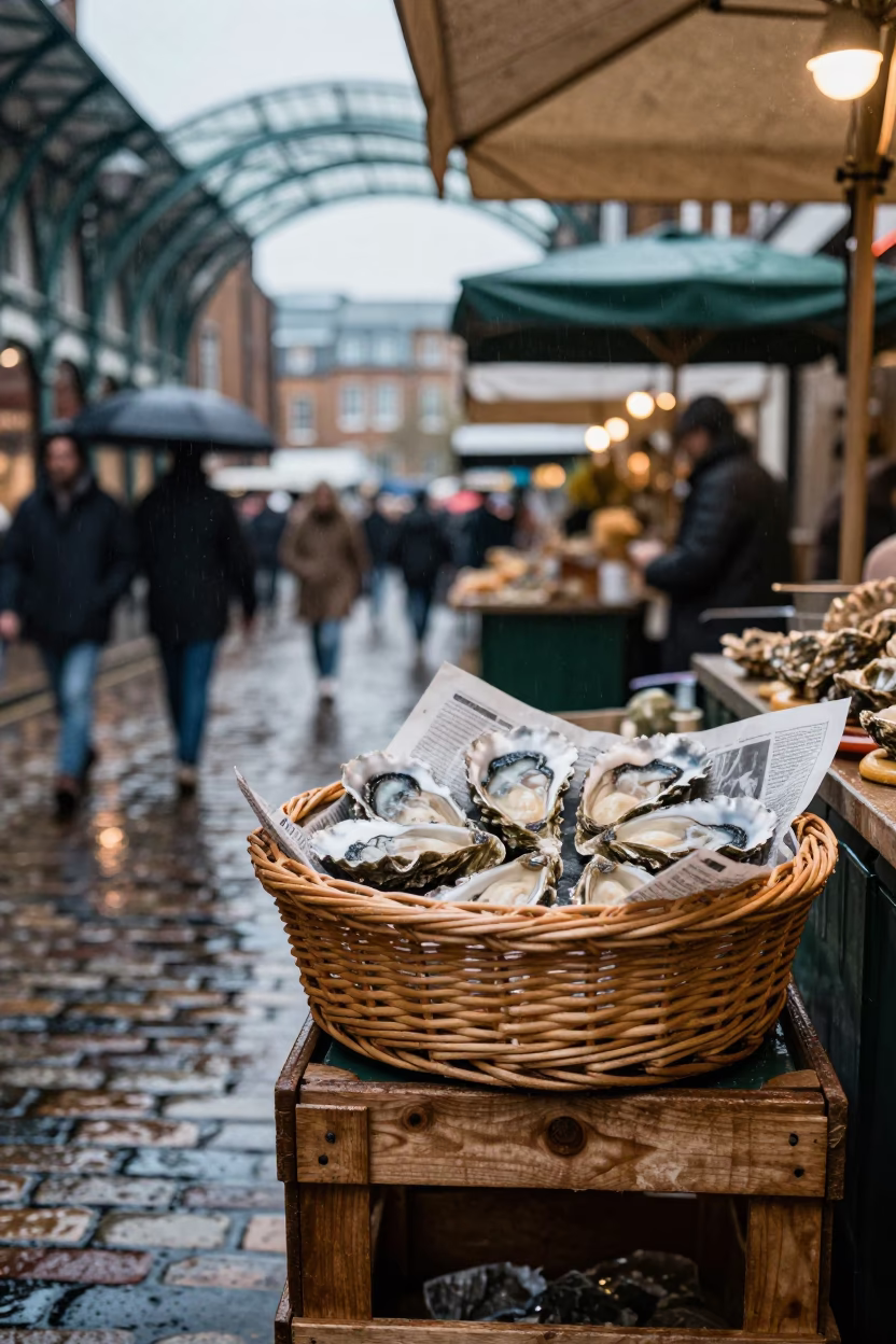 London street vendor first light rain oysters wicker basket in in London, United Kingdom