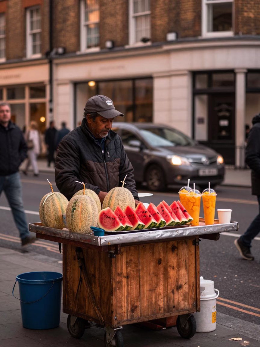 London Street Vendor Selling Fresh Melons and Mango Lassi in Copper Dusk Light in in London, United Kingdom