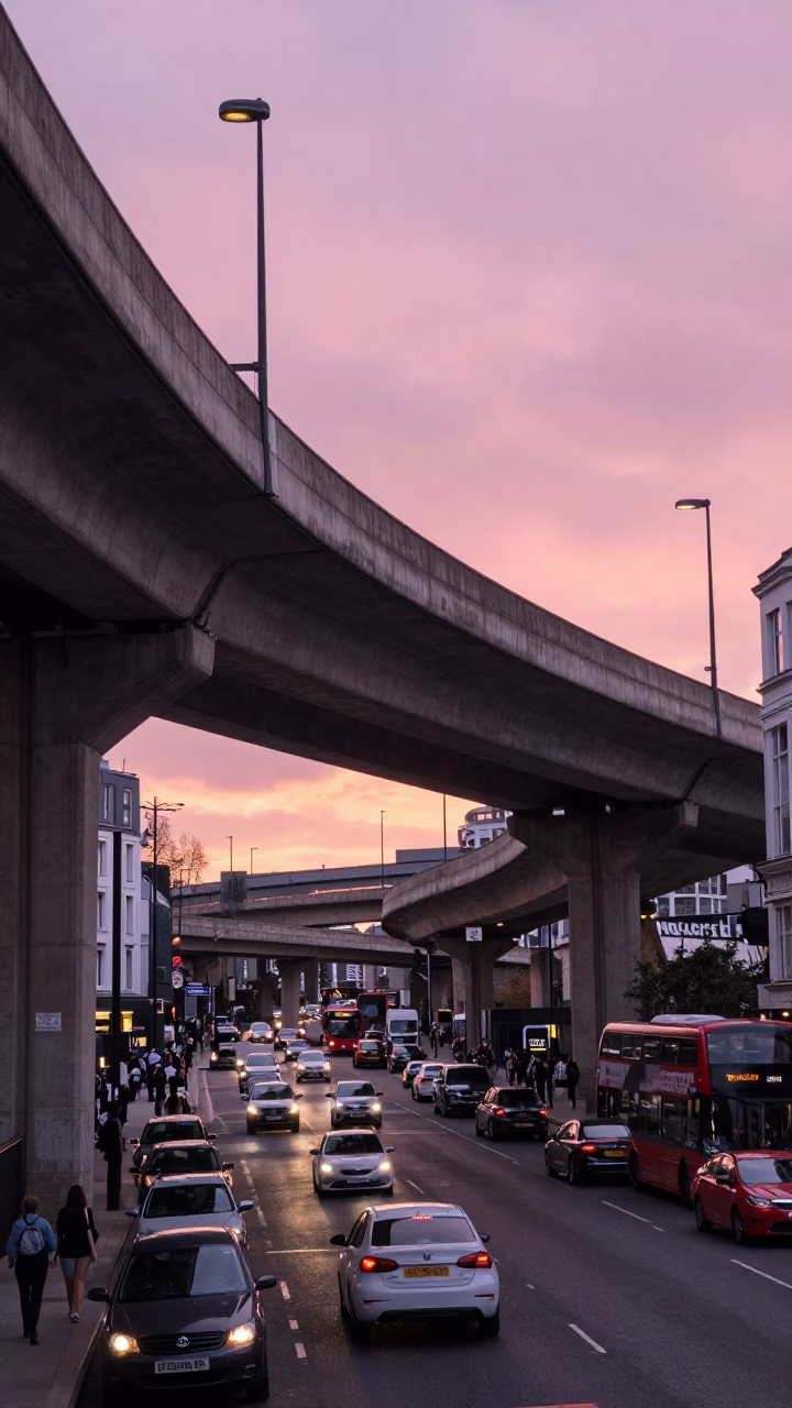 London Sunset Highway Flyover Pink Sky Busy Street Scene in in London, United Kingdom
