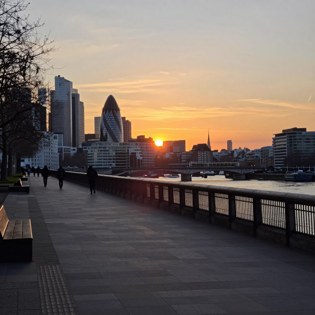 London Sunset Horizon View from South Bank Promenade with River Thames and Urban Skyline in in London, United Kingdom
