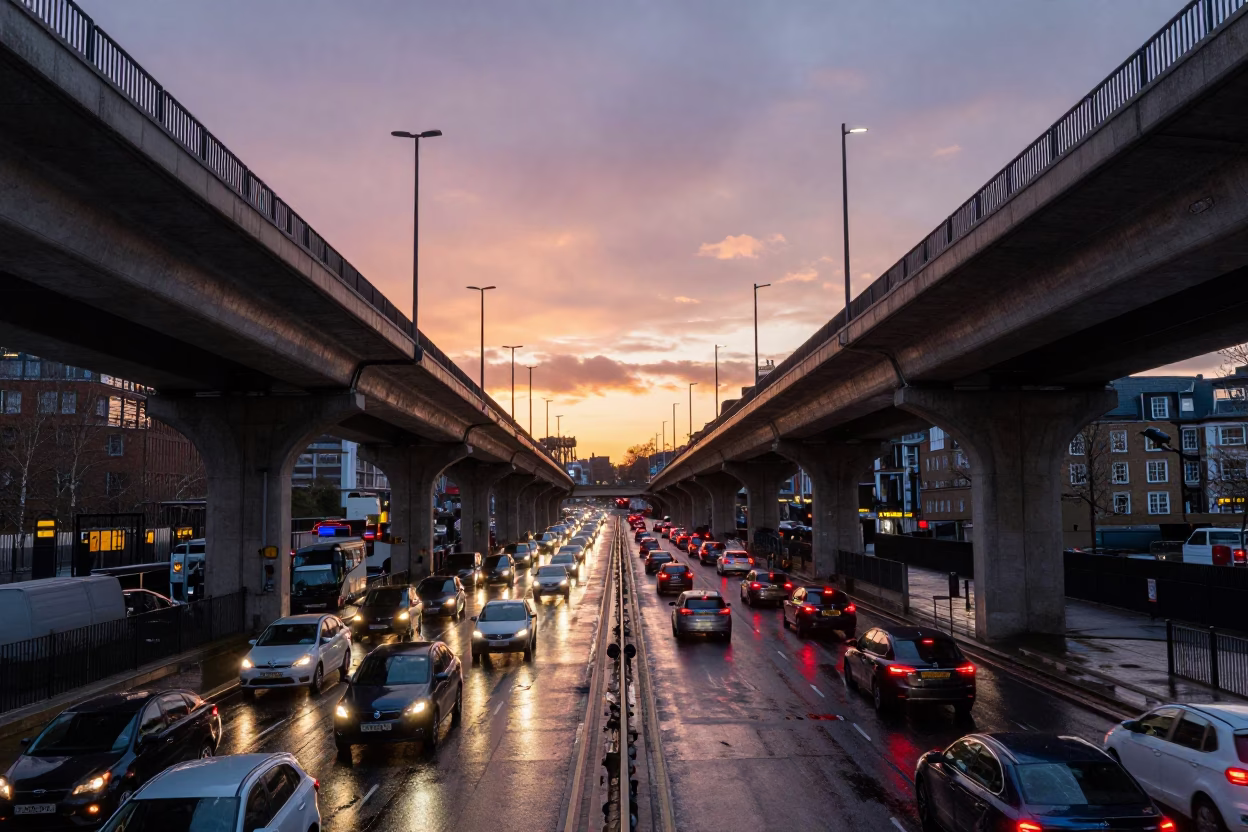 London Sunset Overpass Interchange Glowing with Taillights After Rain in in London, United Kingdom