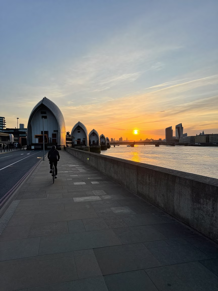 London Sunset Storm Surge Barrier and Urban Street Scene in in London, United Kingdom