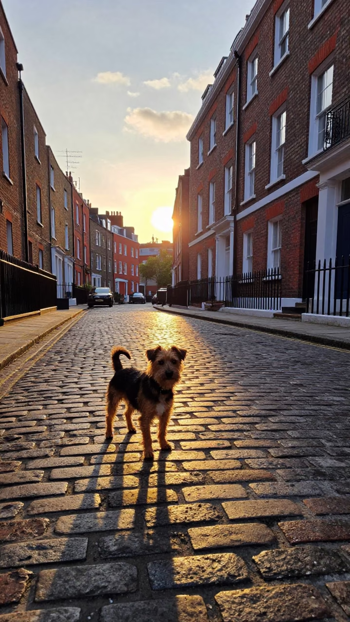 London Sunset Street Scene with Border Terrier on Cobblestone Pavement in in London, United Kingdom