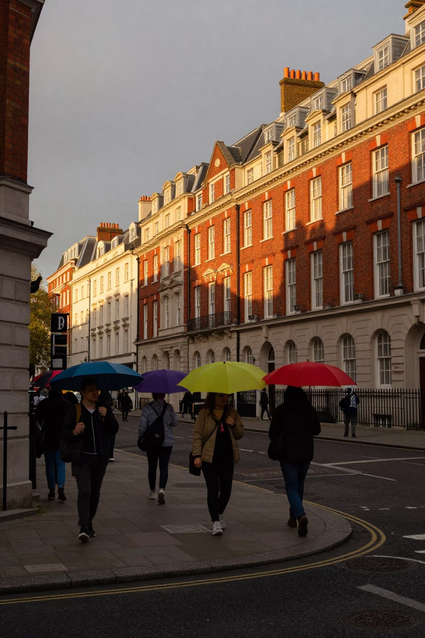 London Sunset Street Scene with Colorful Umbrellas and Red Brick Architecture in in London, United Kingdom
