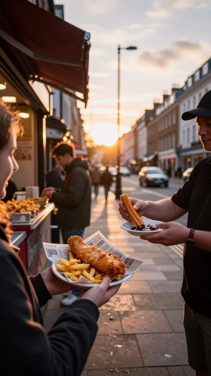London Sunset Street Scene with Fish and Chips and Churros at Dusk in in London, United Kingdom