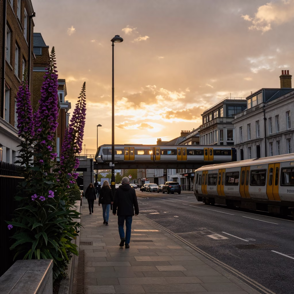 London Sunset Street Scene with Foxglove and Commuter Train Bridge in in London, United Kingdom