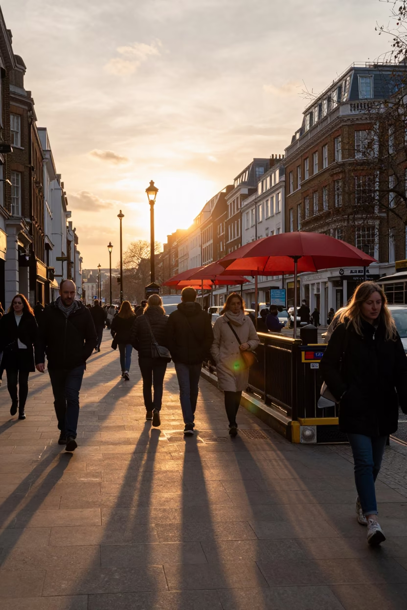London Sunset Street Scene with Red Umbrellas and City Skyline in in London, United Kingdom